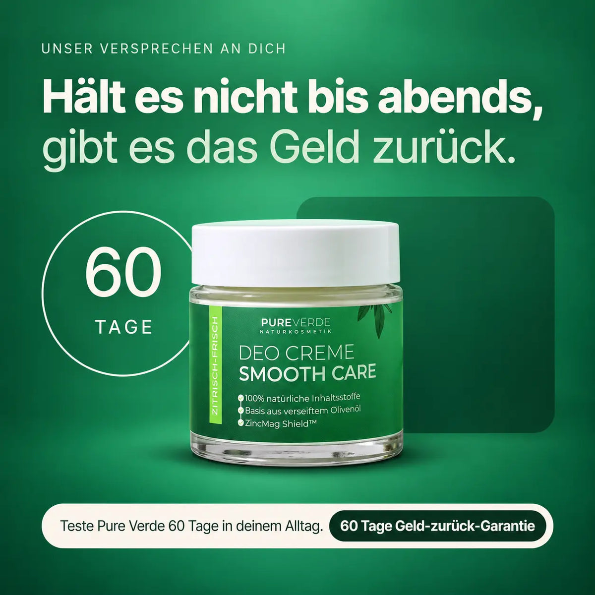 Geöffneter Versandkarton auf dem Küchentisch, eine Hand nimmt das Set heraus: drei Tiegel und die Aleppo-Seife. Creme-Hintergrund, Ecke unten links frei für das 60-Tage-Siegel.
