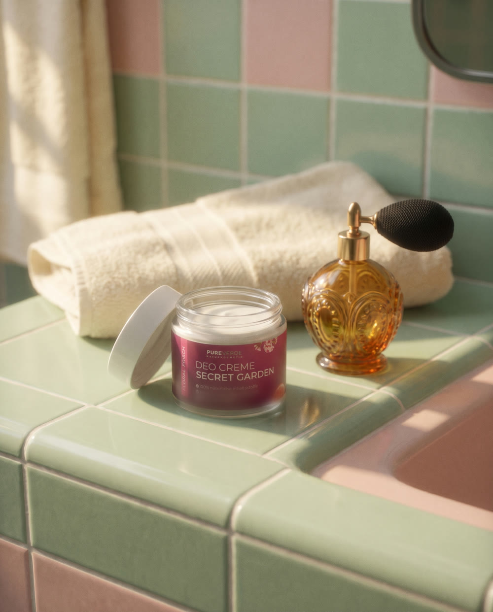 Pure Verde Deo Creme Tiegel neben einem Vintage-Parfümzerstäuber auf Badezimmer-Fliesen